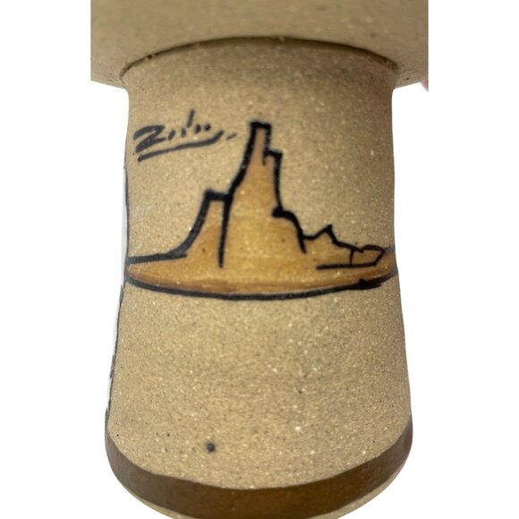 Handcrafted Pottery Candle Holder Painted Desert Motif & Cactus Southwest Design - Picture 3 of 14